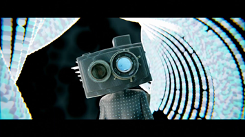 Animated character with a camera for a head, surrounded by white and blue lights. 