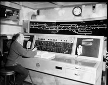 Controller at signal control panel and track diagram, Camberwell signal box