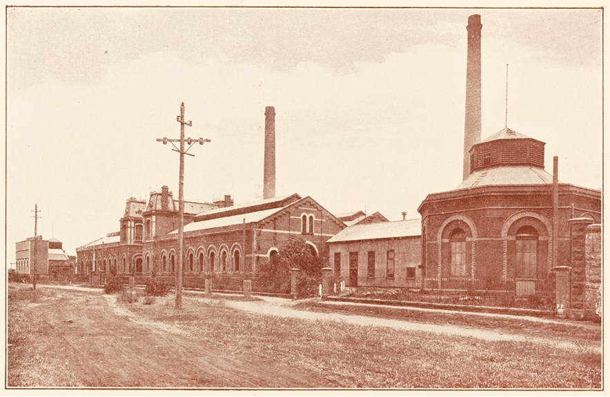 Exterior view of the Spotswood Pumping Station, circa 1925.