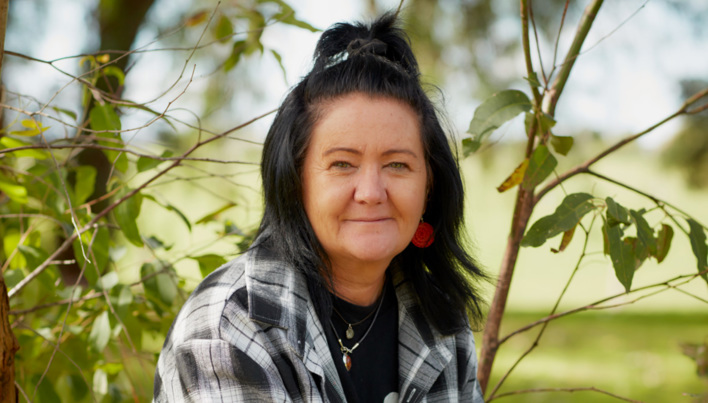 Portrait of Cassie Leatham, Taungurung / Dja Dja Wurrung artist at Boisdale, Gippsland.