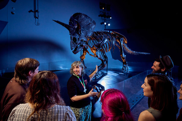 Adults smiling at a tour guide as they are shown Horridus, the most complete triceratops fossil in the world, during a torchlight tour at Melbourne Museum during Adult Museum Sleepovers.