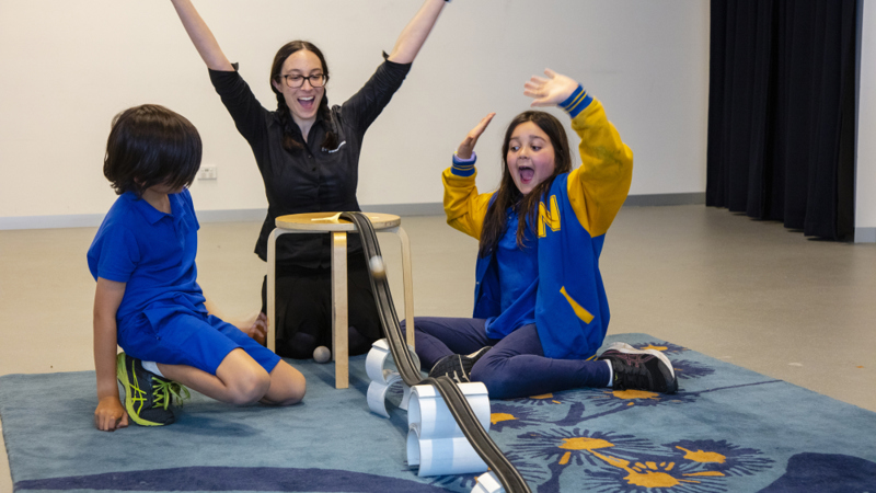 Primary School students constructing a Roller Coaster in the STEM Learning LAB at Scienceworks.