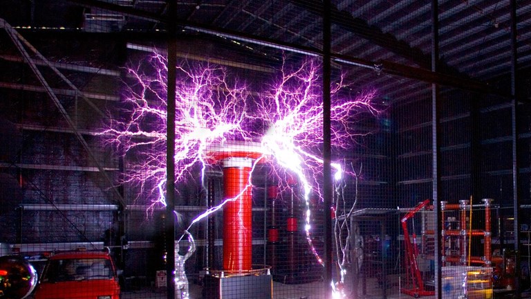 A giant Tesla Coil creating electricity during a Lightning Room show at Scienceworks.