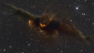Bat shaped gaseous cloud in space with lighting shining through
