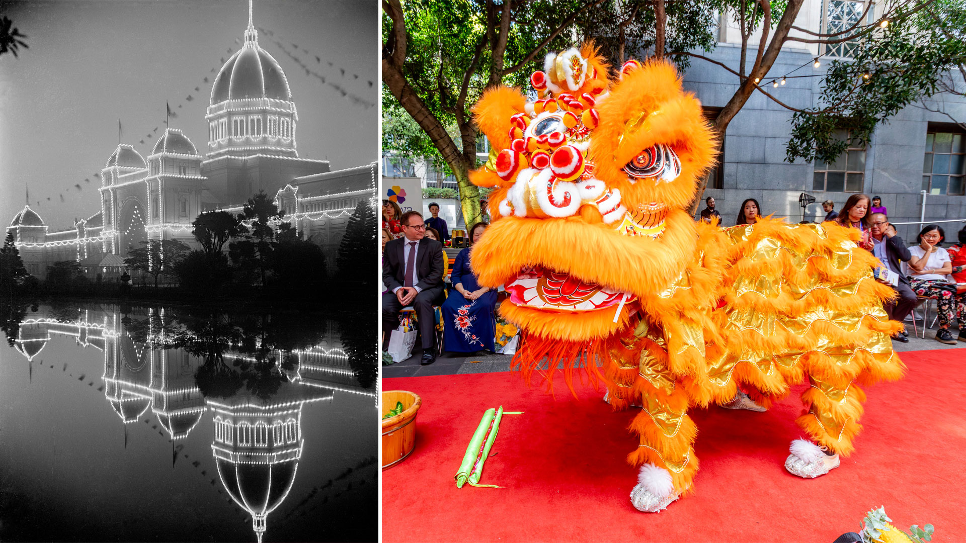 Left: Royal Exhibition Building, Photographer: Tom Breakwell, Source: Museums Victoria and Right: Painting 'The Opening, Commonwealth Parliament', by Charles Nuttall, 1901-1902. Source: Museums Victoria