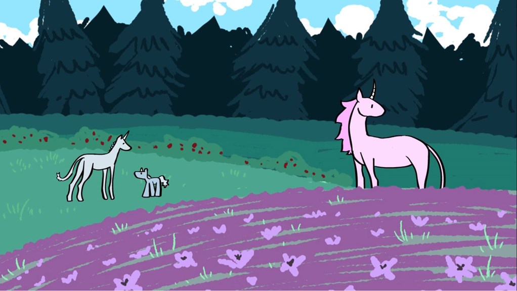 Illustration of three unicorns standing in a green field with pink flowers.