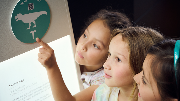 Children point at one of the hidden letters attached to a dinosaur display sign.