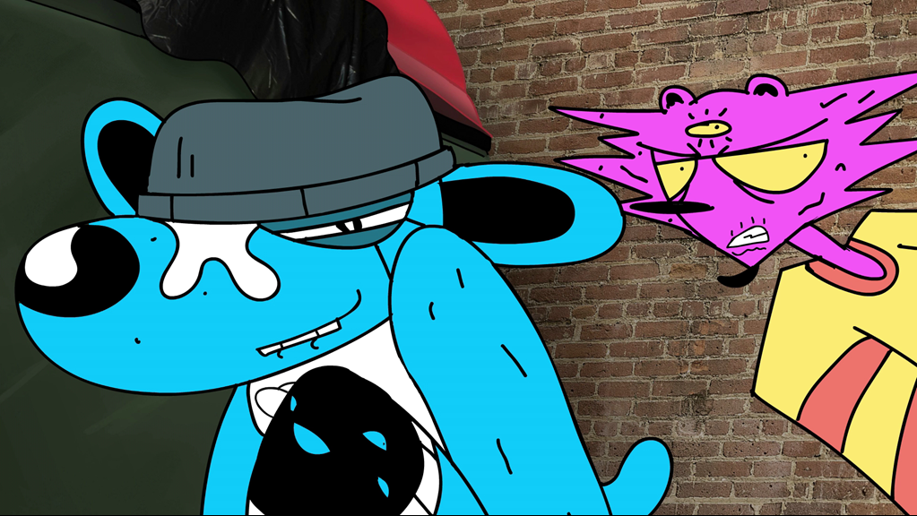 Stylised blue dog wearing a beanie leans forward with a tired expression, while a spiky pink creature with three yellow eyes glares behind it.