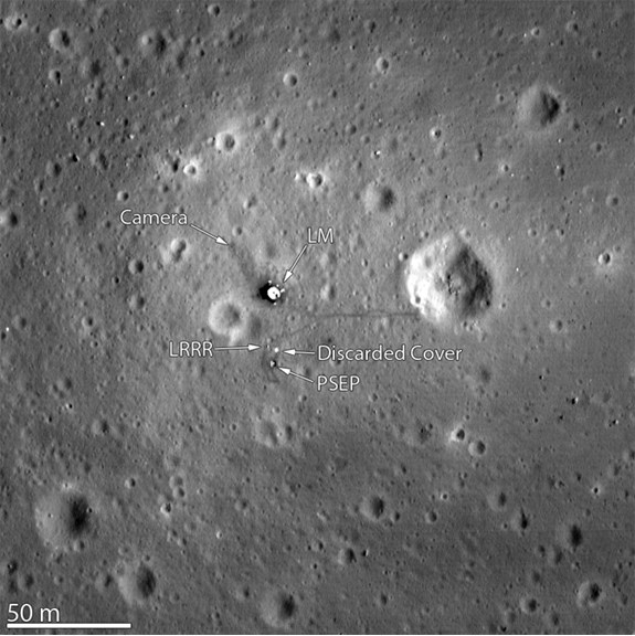 Apollo 11 landing site captured from 24 km (15 miles) above the surface by NASA's Lunar Reconnaissance Orbiter. 