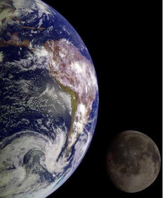 Partial view of the Earth centred on the Pacific Ocean with the Moon in the background.