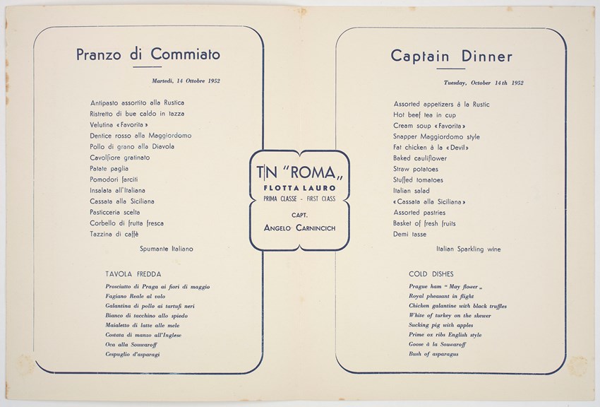 An old menu of Italian food with English translations.