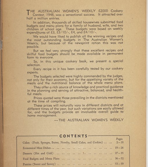Foreword from the The Australian Women's Weekly referencing a £2000 Cookery Contest, 1948.