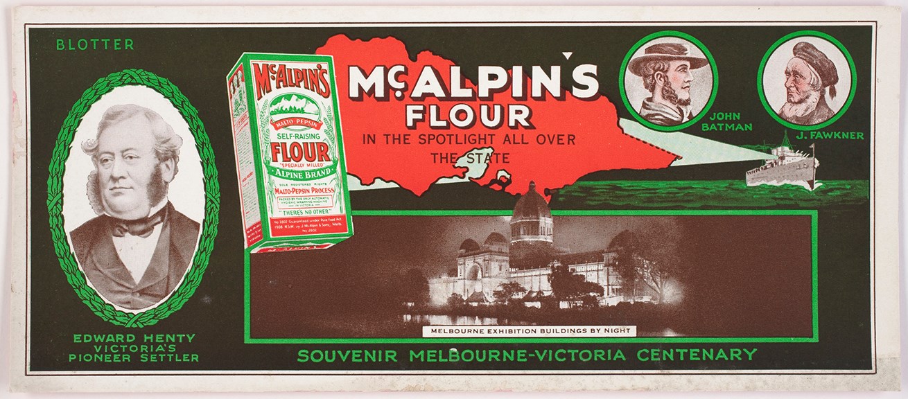 Red, green and black blotting paper advertising flour and celebrating Melbourne's first Europeans. 