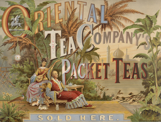 Coloured lithographic poster promoting the Oriental Tea Company's packet teas, designed by Charles Turner (1869-1912) and printed by the Melbourne firm Troedel & Co, circa 1881-1890.