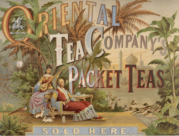 Coloured lithographic poster promoting the Oriental Tea Company's packet teas, designed by Charles Turner (1869-1912) and printed by the Melbourne firm Troedel & Co, circa 1881-1890.