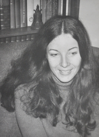 Christine Twycross, bronze bell on shelf behind, early 1970s.