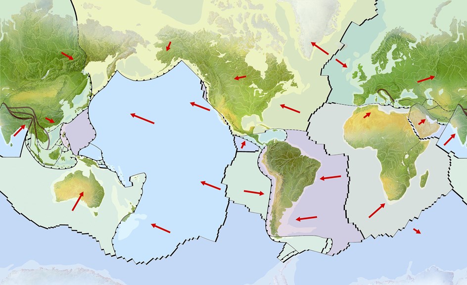Annotated map showing the movement of Earth's tectonic plates
