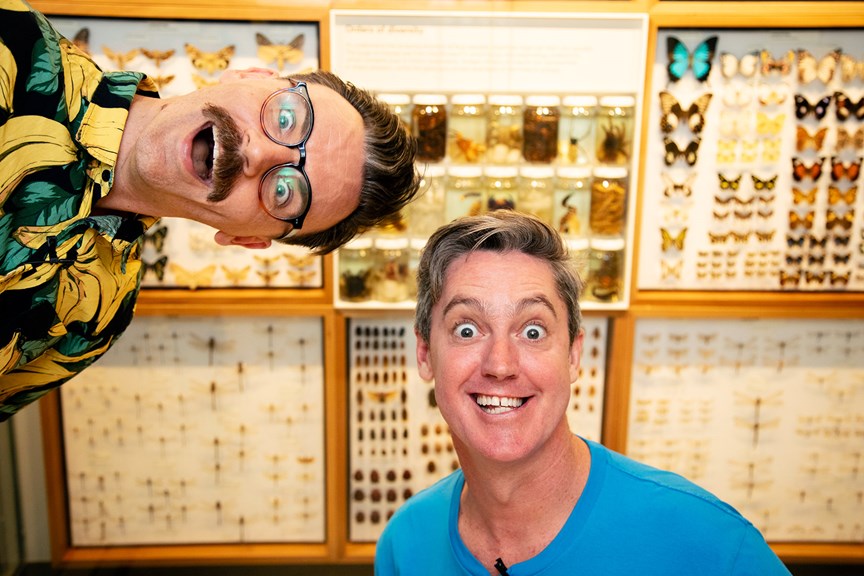 The Listies, comic duo Richard Higgins and Matt Kelly in Bugs Alive exhibition, promoting their Melbourne Museum Audio Guide App.