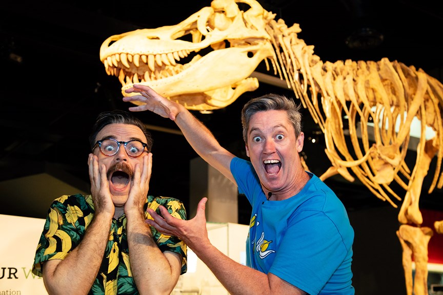 The Listies, comic duo Richard Higgins and Matt Kelly in Dinosaur Walk exhibition, promoting their Melbourne Museum Audio Guide App.