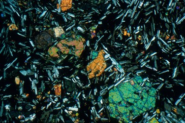 Crystals in basalt as seen under a microscope