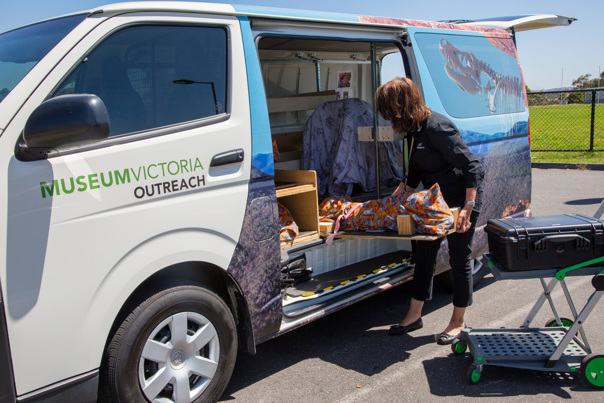 Outreach Program Presenter,  unloading specimens from the Museums Victoria outreach van.