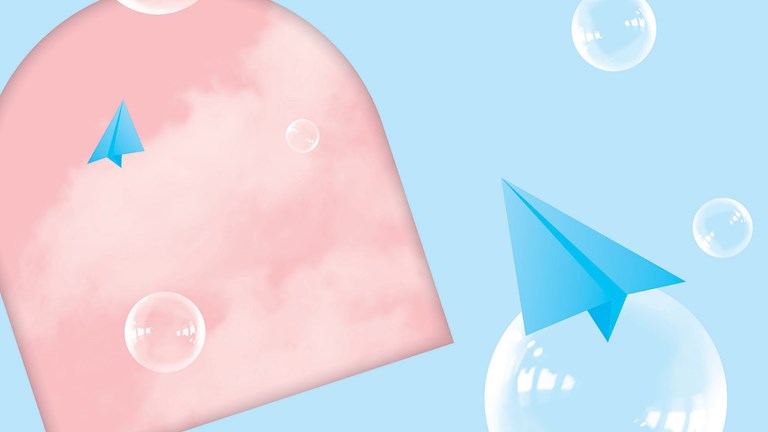 Three paper aeroplanes fly amongst bubbles on a light blue background. There is a pink arch with clouds inside it.
