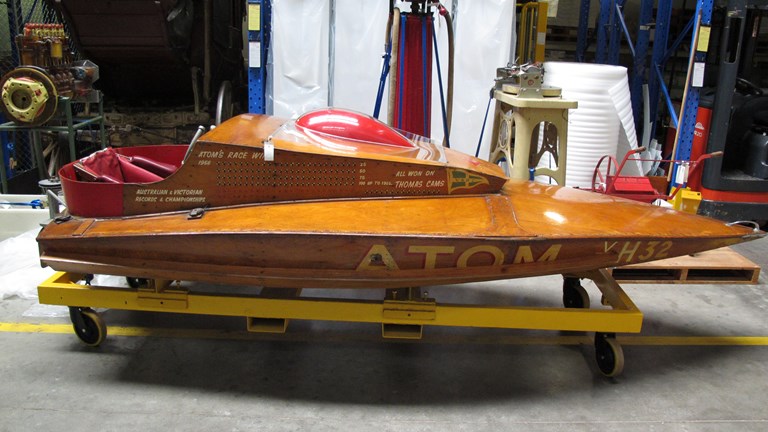 1950s powerboat in the museum's collection store