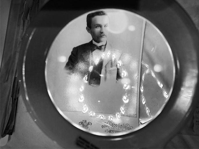 Portrait of George Lyell from the Museums Victoria Archives under the magnifying lamp.