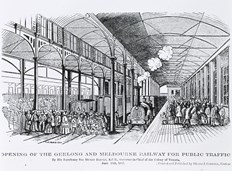 Illustration depicting opening of Geelong and Melbourne Railway, Geelong, 1857.