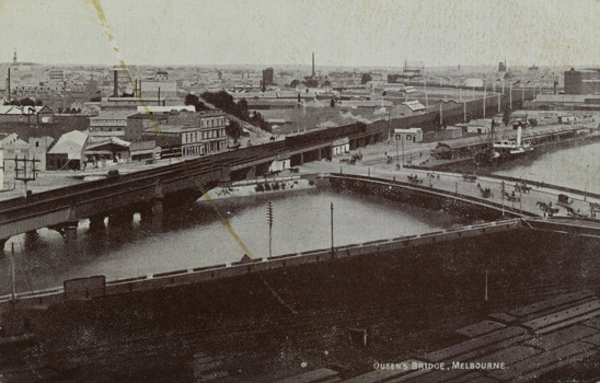 Sandridge Railway Bridge and Yarra Turning Basin with the Falls Bridge (later Queens Bridge) in the foreground, circa 1920