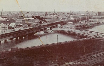 Sandridge Railway Bridge and Yarra Turning Basin with the Falls Bridge (later Queens Bridge) in the foreground, circa 1920