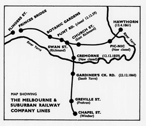 Map of Melbourne and Suburban Railway Company Lines, 1857-1862