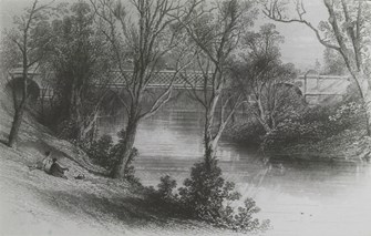 A scenic postcard featuring a railway bridge, Hawthorn, circa 1900