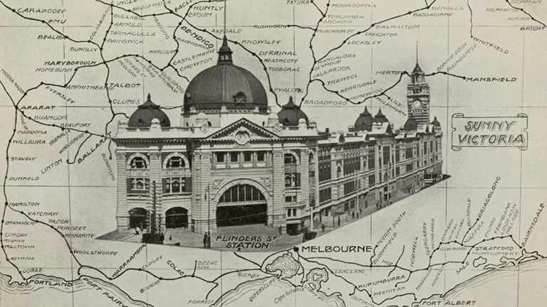 Promotional image: Flinders Street Station overlaid on a map of Victorian Railways, circa 1910