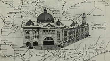 Promotional image: Flinders Street Station overlaid on a map of Victorian Railways, circa 1910