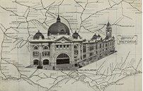 Promotional image: Flinders Street Station overlaid on a map of Victorian Railways, circa 1910