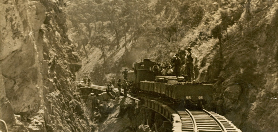 Construction staff with a trainload of timber, Walhalla district, 1906