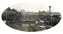 Construction of Pier 2 of the Mitchell River Bridge on the Bairnsdale to Orbost line, 1914. Concreting in progress