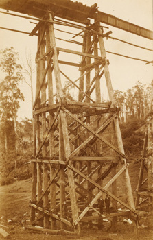 Rail bridge on the Warragul to Noojee line, Neerim South, 1918. Four men stand at the base of a timber trestle pier.
