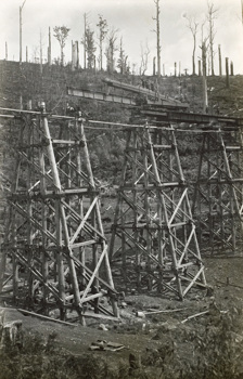 Rail bridge on the Warragul to Noojee line, Neerim South, 1918. A travelling crane is lowering a girder; workers are guiding the girder into place.