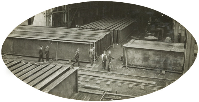 Girders stacked at a workshop for the bridge over Sandy Creek at Tallangatta, 1931