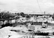 A riverside construction site beside a bridge on the Yarrawonga to Oaklands line, post-1938