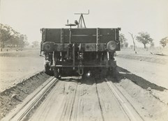 Construction of line, Yarrawonga, circa 1927-33. Ballast has been spread between the tracks by the plough while excess ballast has been deposited on the outside of the tracks.