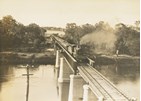 A train crossing the completed bridge over the Murray River at Yarrawonga, on the Yarrawonga to Oaklands line, circa 1931