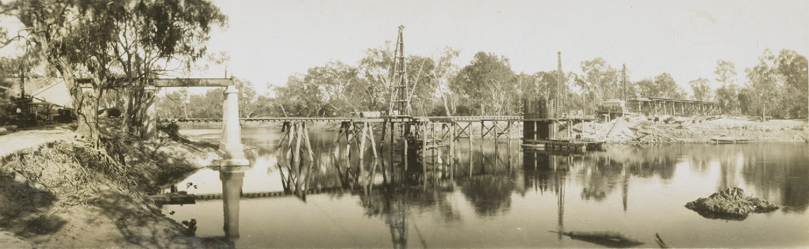 The bridge over the Murray River at Yarrawonga, on the Yarrawonga to Oaklands line. One pier has been completed while another, on the far side of the river, is under construction.