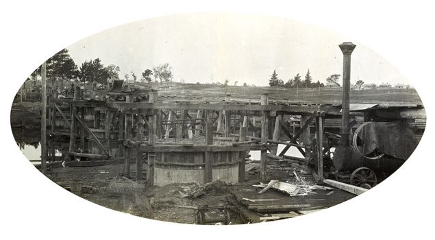 Concreting in progress for Pier no. 2 of the Mitchell River Bridge on the Bairnsdale to Orbost line, circa 1914