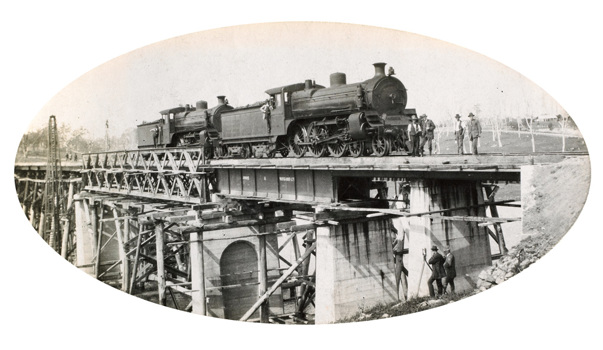 Bridge over the Nicholson River, Bairnsdale to Orbost line, circa 1915. Test with two 117t A2 class steam locomotives