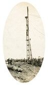 Bridge over the Nicholson River, Bairnsdale to Orbost line, circa 1915. An 80 ft test pile is being lifted into position by a pile-driving derrick.
