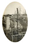 Bridge over the Nicholson River, Bairnsdale to Orbost line. Pile driving for Pier no. 3, circa 1915. Concrete Piers 1 and 2 are visible in the background.