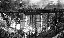 A train crossing the Boggy Creek Bridge, Bairnsdale to Orbost line, circa 1914